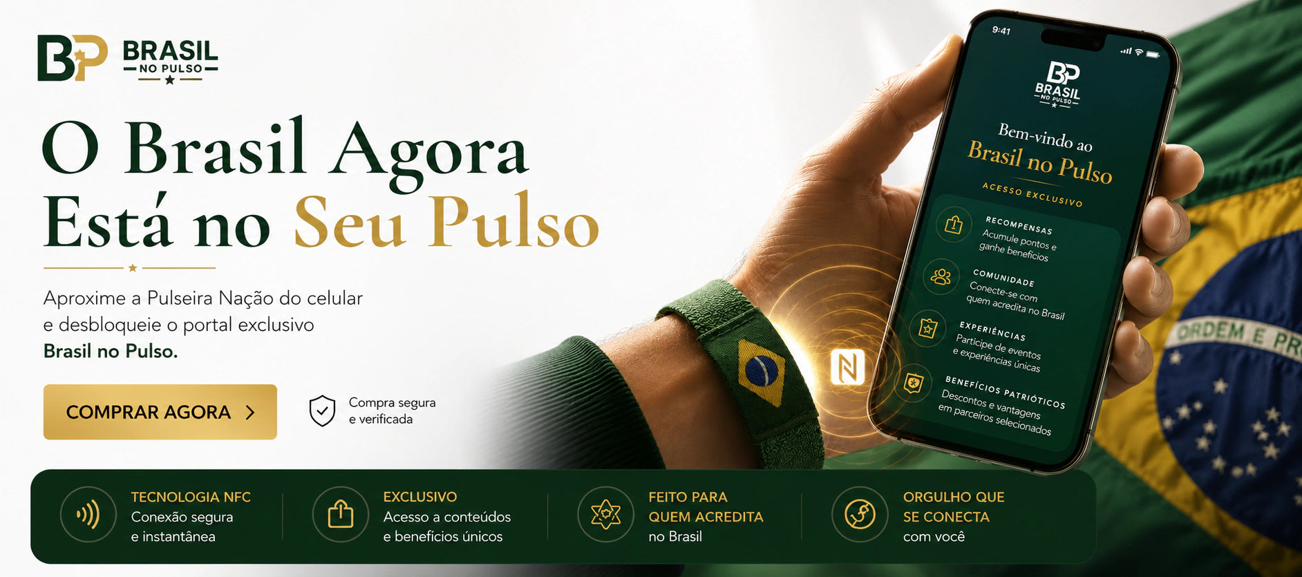 O Brasil Agora Está no Seu Pulso — Pulseira Nação com NFC abrindo o portal Brasil no Pulso no celular
